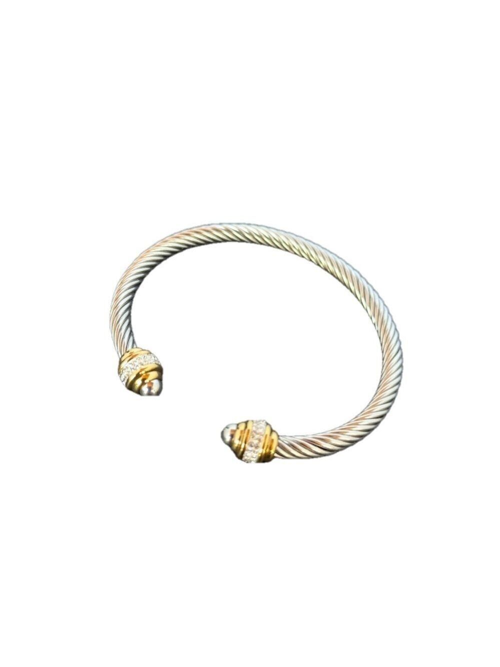 Two Tone Cable Cuff Bangle Bracelet with Gold Tone‎ and Crystal Accents - Picture 2 of 3